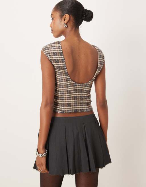 Motel erica cap sleeve top in sequin vintage style check, 4 of 4