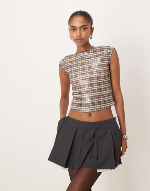 Motel erica cap sleeve top in sequin vintage style plaid