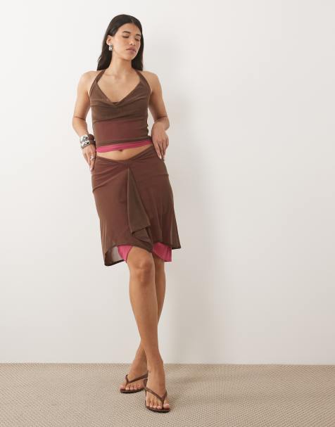 Motel Erinhadi pink lace hem midi skirt in brown (part of a set) - view 1