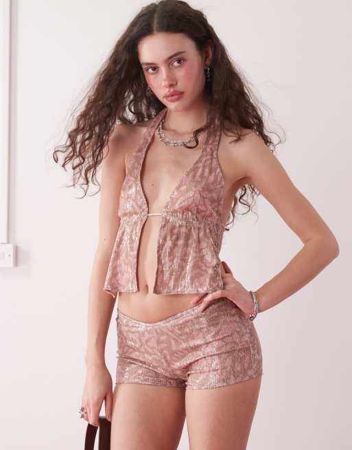 Motel erna batik print sequin micro shorts in pink, 2 of 5