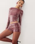 [Motel] Motel Erna clear sequin micro shorts in maroon (part of a set)-Red L Maroon