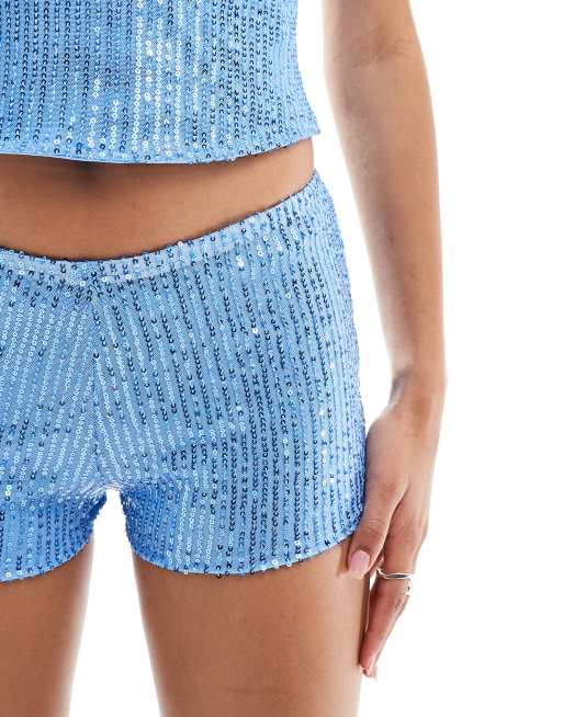 Motel – Erna – Knappe Shorts mit Paillettenbesatz in Sanftblau, Kombiteil, 3 von 5