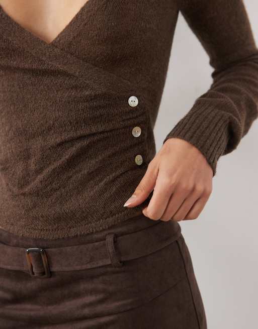 Motel Eshma sheer knit top in chocolate brown, 4 of 4