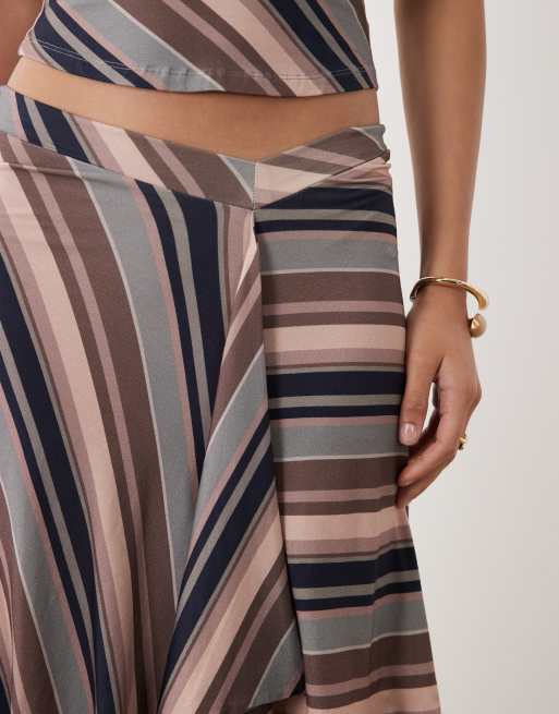 Motel Esmeray mixed stripe midi skirt in Brown co-ord, 3 of 5