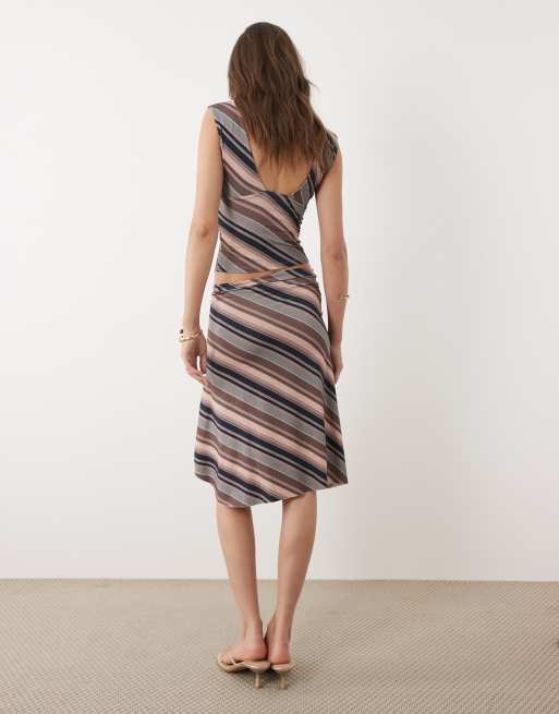 Motel Esmeray mixed stripe midi skirt in Brown co-ord, 4 of 5