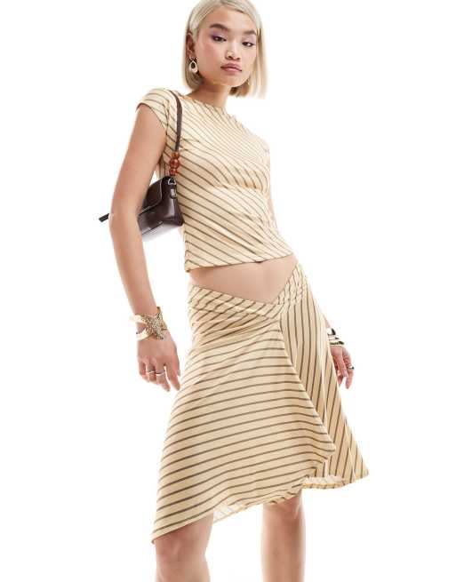 Motel esmeray striped asymmetric midi skirt in yellow, 2 of 5