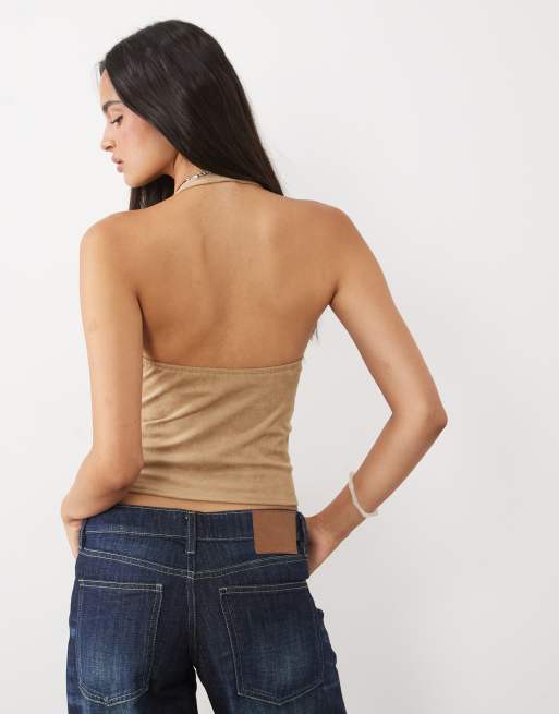 Motel estri faux suede halter top co-ord in tan, 4 of 4