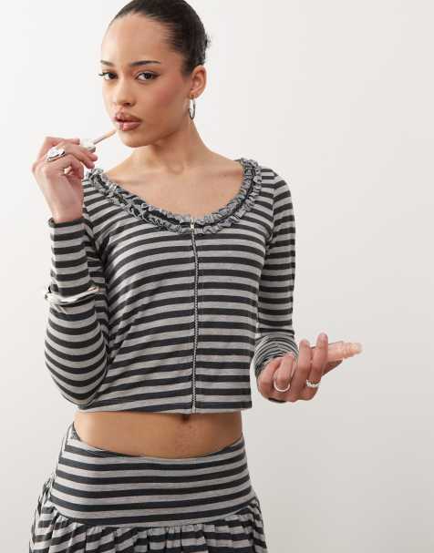 Motel Ethel zip stripe cardigan in grey black