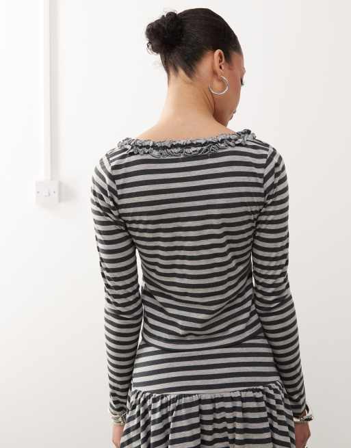 Motel Ethel zip stripe cardigan in grey black ASOS