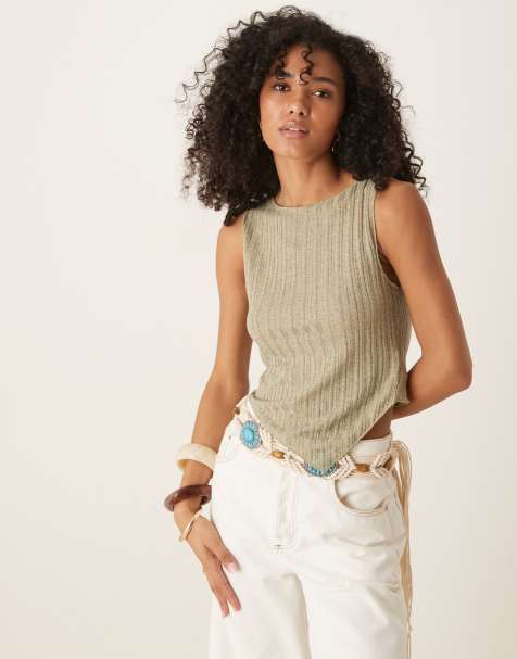 Motel Etta fine knit asymmetric singlet in sage green - view 1