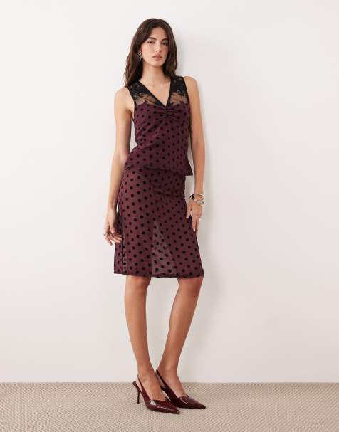 Motel Evani co-ord midi polka dot skirt in maroon