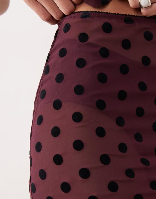Motel Evani co-ord midi polka dot skirt in maroon, 4 of 5
