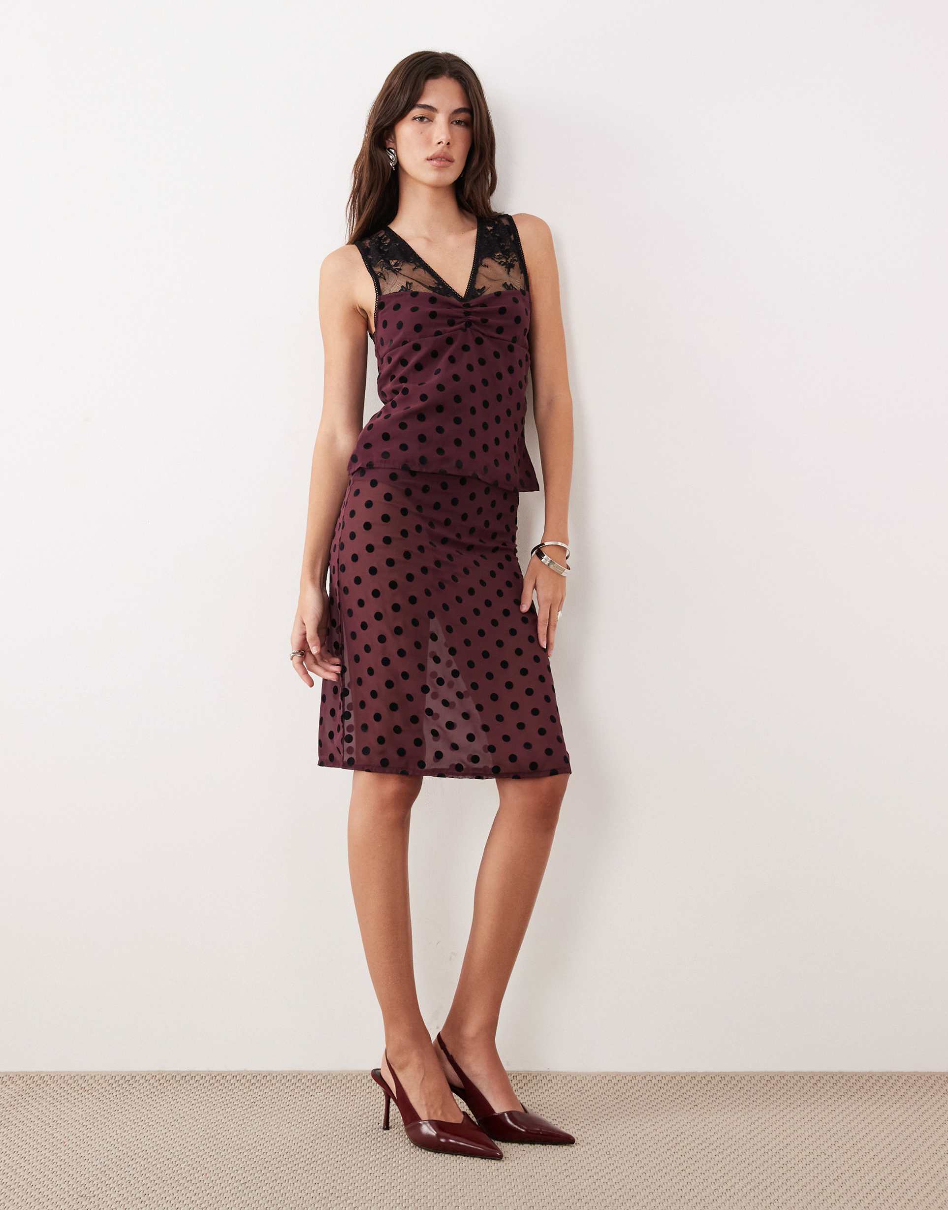 motel evani polka dot midi skirt in maroon - part of a set