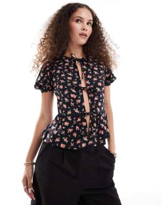 Motel Exclusive Ajasi Rose Print Tie Detail Blouse In Black