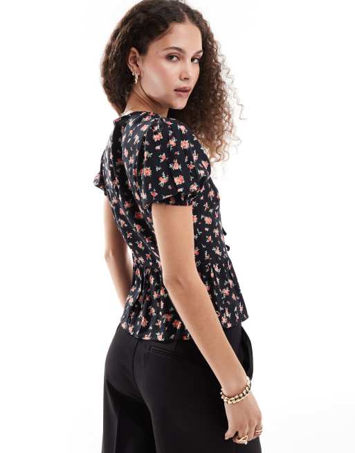 Motel Exclusive ajasi rose print tie detail blouse in black, 3 of 4