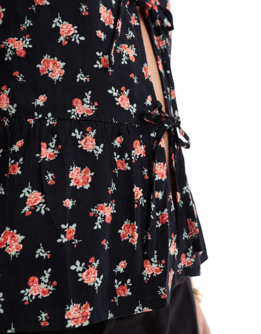 Motel Exclusive ajasi rose print tie detail blouse in black, 4 of 4