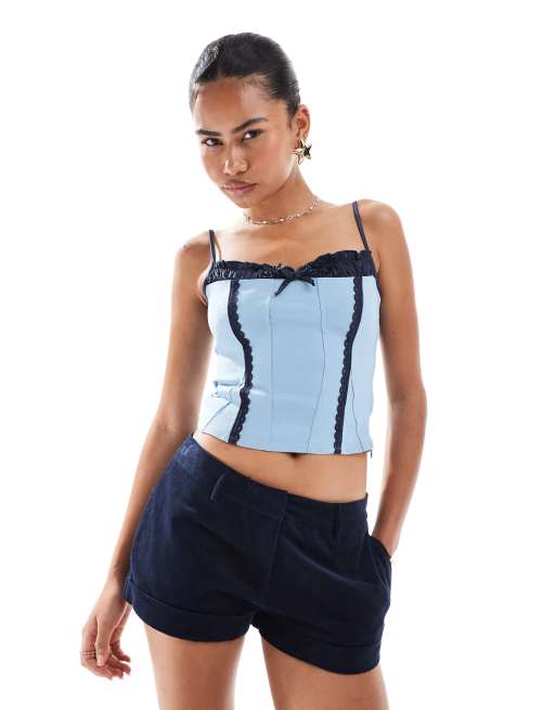 Motel Exclusive Alexa bow detail corset cami top in blue and navy 