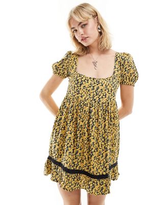 Motel Exclusive Beling Mini Bloom Floral Puff Sleeve Smock Dress In Yellow In Multi