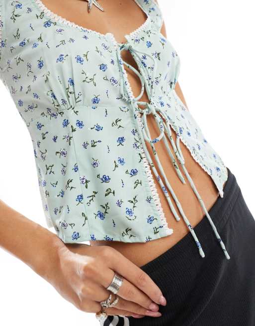 Motel Exclusive esau ditsy tie front corset top in pale blue , 2 of 4