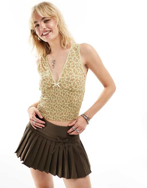 Motel Exclusive Hevalis ditsy floral shirred v-neck top in yellow