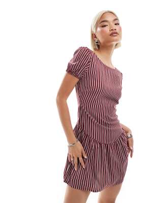 Exclusive jemima puff sleeve striped mini dress in burgundy and blue-Multi