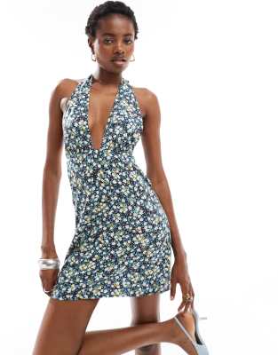 Exclusive leana ditsy floral deep v mini dress in navy