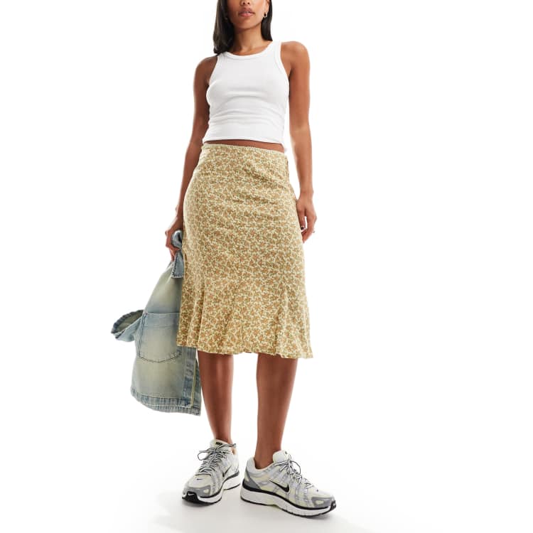 Motel Exclusive sima vintage floral knee length midi skirt in washed yellow