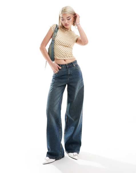 Motel extra wide low rise jeans in brown blue acid wash - view 1