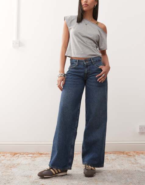 Motel extra  wide low rise jeans in mid blue used wash - view 1