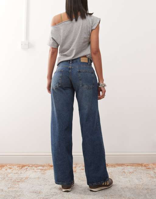 Motel extra wide low rise jeans in mid blue used wash