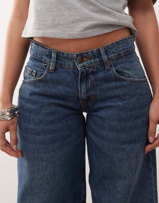 Motel extra  wide low rise jeans in mid blue used wash, 5 of 5