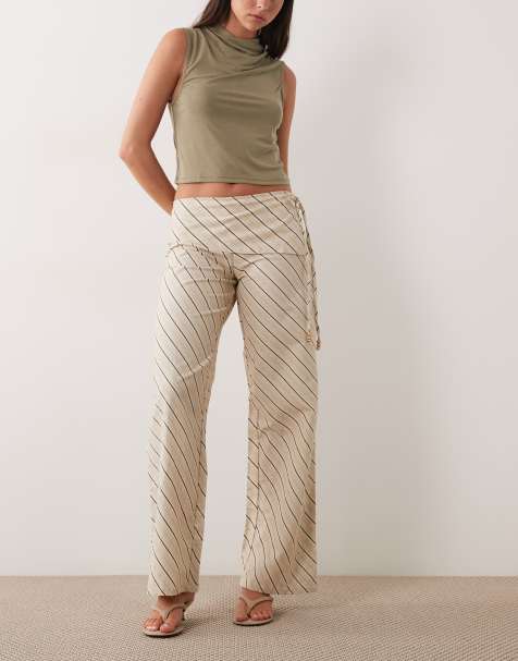 Motel – Faria – Gestreifte Hose in Beige mit umgeschlagenem Bund - view 1