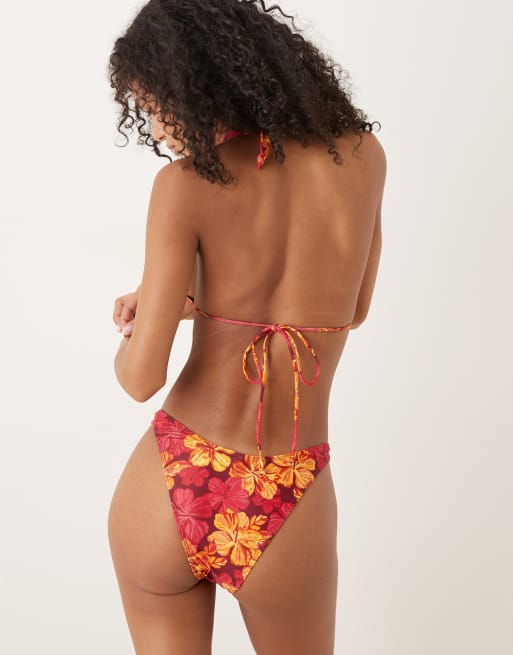 Motel - Farida - Bas de bikini taille haute à imprimé hibiscus façon esquisse - Orange bordeaux, 2 de 4