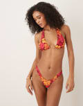 [Motel] Motel Farida sketchy hibiscus print high-top bikini briefs in burgundy orange-Red M HIBISCUS BURGUNDY