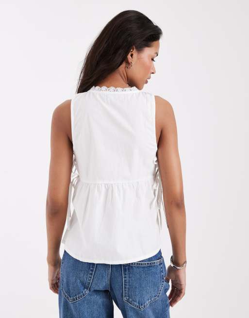 Motel Fawkha tie waist poplin halter top in white, 4 of 4
