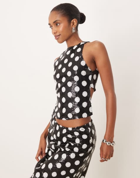 Motel – Felicitia – Oberteil mit hohem Ausschnitt, Pailletten und Polka Dots in Schwarz-Weiß, Kombiteil - view 1