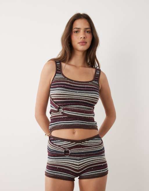 Motel - Feraya - Crop top d'ensemble à rayures - Bordeaux et gris, 2 de 4