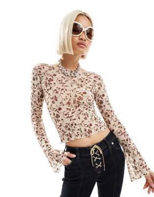 Motel Motel flock detail long sleeve top in cream and brown-White