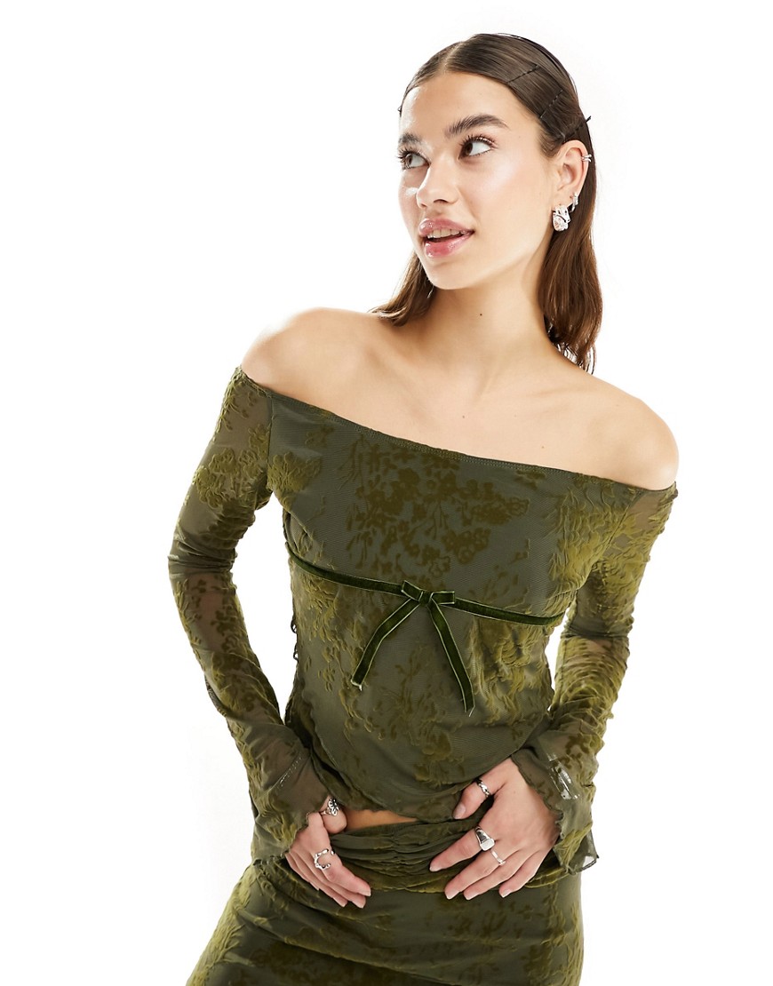 Motel flocked floral long sleeve top co-ord in olive green