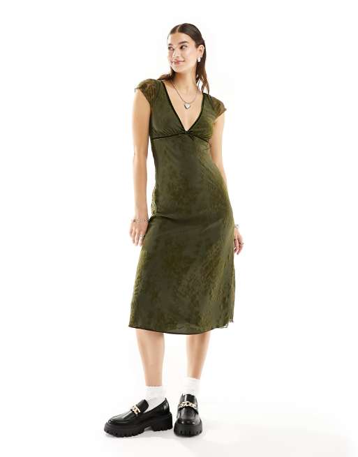 Motel flocked v-neck midi dress in olive green