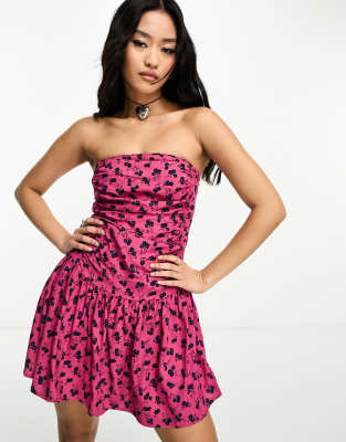 floral bandeau mini dress in raspberry pink