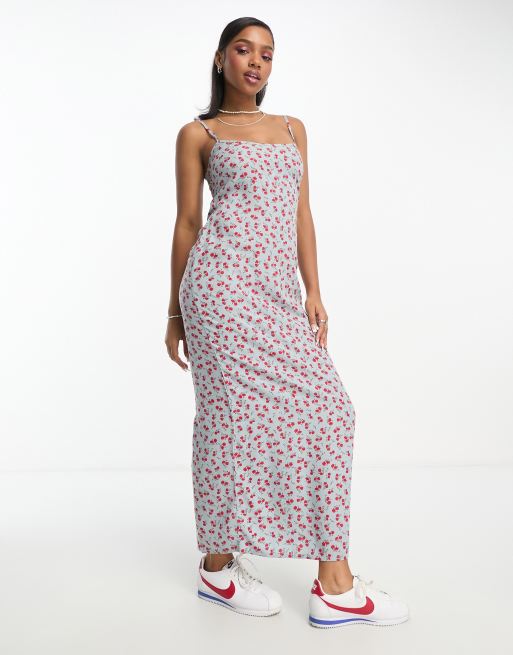 NA-KD Floral Print Satin Cami Maxi Dress in Pink