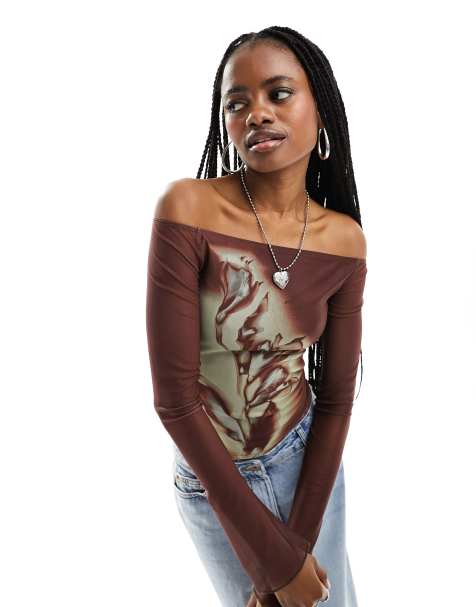 Motel flower print mesh long sleeve off shoulder top in rust - view 1