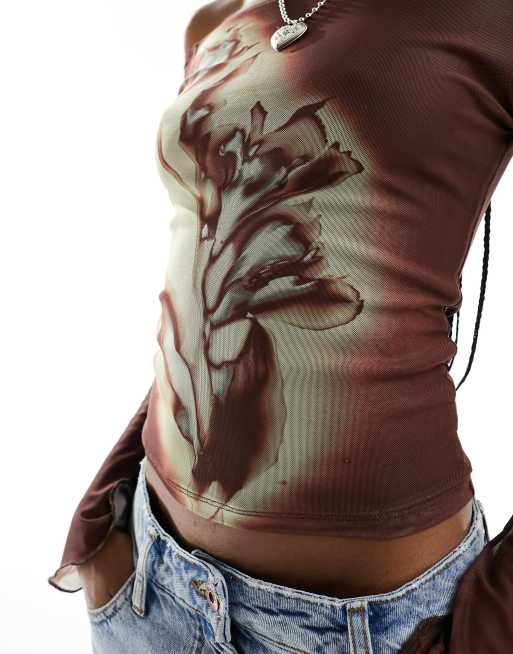 Motel flower print mesh long sleeve off shoulder top in rust ASOS
