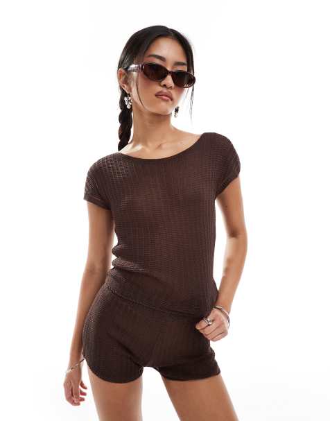 Motel francine knitted slash neck cropped tee in brown - view 1
