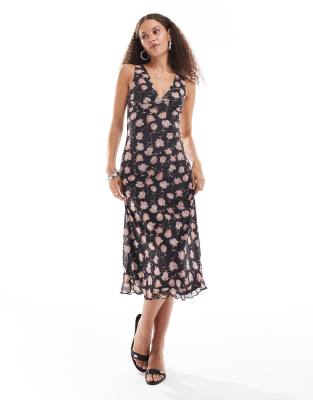 Gabriela falling rose print V-neck midi dress in black and pink