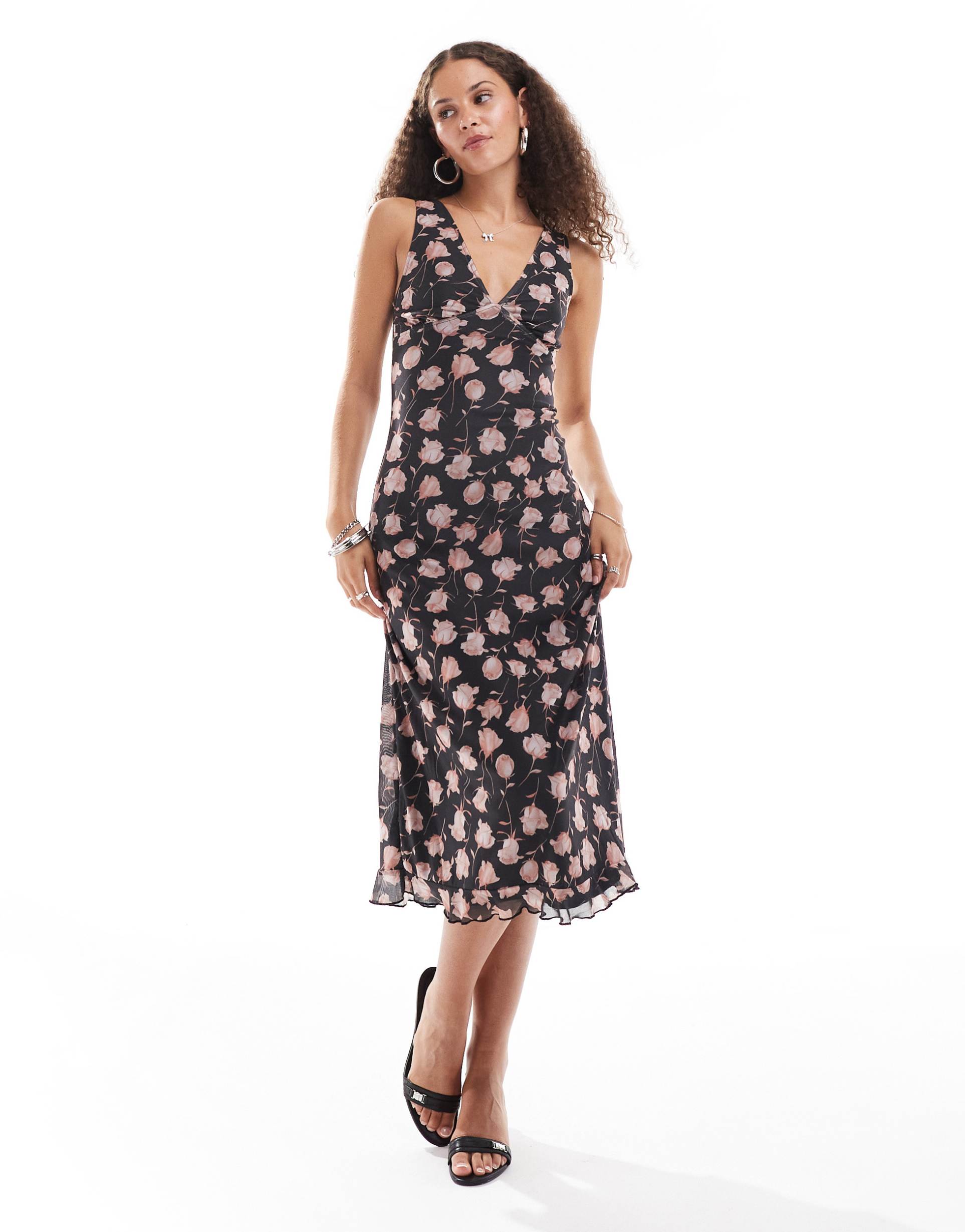 motel gabriela falling rose print v-neck midi dress in black and pink