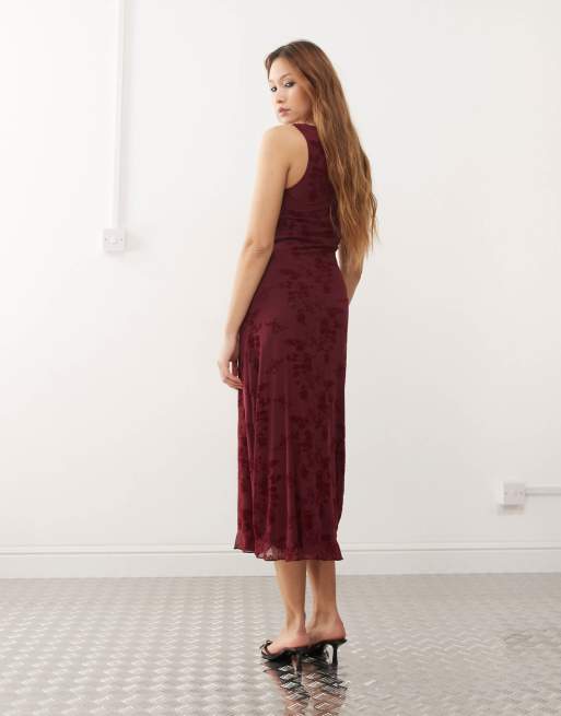 knee length dresses for ladies Gabriela Midi Dress in Botanical Flower Maroon , V Neck , Plunge Neckline main image 1