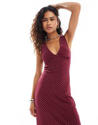 Motel Gabriela Polka Dot V-neck Midaxi Dress In Burgundy-red