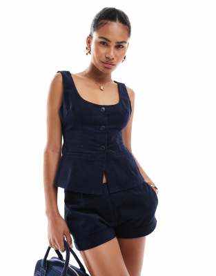 ganita micro cord button through vest top in navy - part of a set